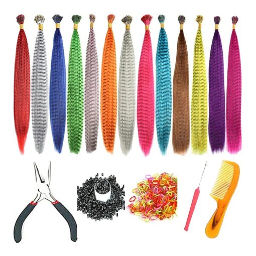 Synthetic Feather Hair Extensions 16" 105 Pieces Colorful False Hair Mixed 13 Colors Straight Hair Feather with 100 Pieces Silicone Lined Micro Ring 1 Crochet Hook 1 Hair Extension Plier ...