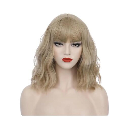 Flaxen Blonde Wig Short Curly Wig Mixed Blonde Wig Flaxen Bob Wig Flaxen Wig with Bang for Women Girls Synthetic Hair Cosplay Costume Wig ( Flaxen Blonde )