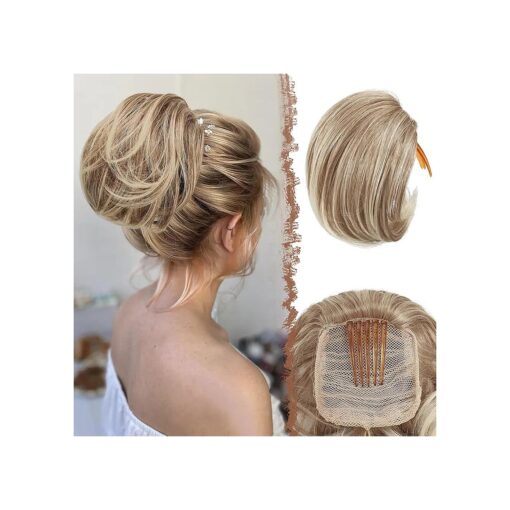 FESHFEN Hair Bun Hairpiece Fully Short Ponytail Bun Mixed Blonde Hair Chignon with Comb Bun Updo Drawstring Bun Synthetic Hair Piece Extension for Women, Mixed Blonde and Ash Blonde Tips