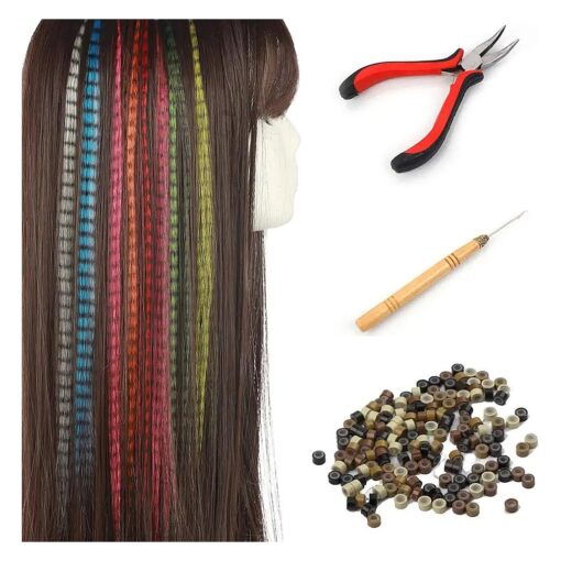 SARLA Feather Hair Extensions Kit Synthetic 16 Inch 100 Pcs I-tip Hair Feathers for Girls Women 10 Mixed Colors with Plier Hook Beads Heat Friendly Fiber