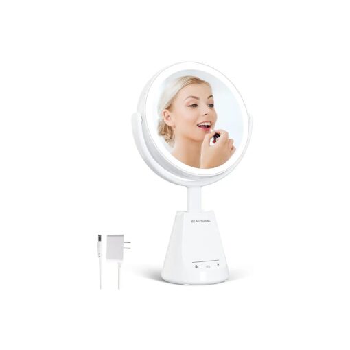 Lighted Makeup Vanity Mirror with 3 Colors, 6.5" Double Sided 1x/10x Magnifying Mirror with Lights, Adjustable Brightness & Standing Height, 360 Degree Rotation Touch Sensor, AC Adapter Powered