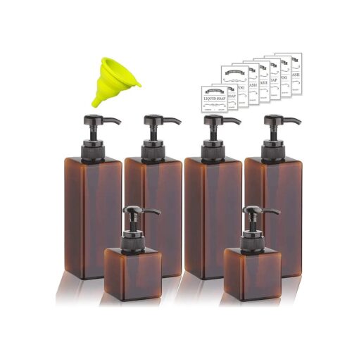 6 Pack Shampoo and Conditioner Dispenser Bottles - 4 Pack 22 Ounce and 2 Pack 8 Ounce Refillable Square Plastic Pump Bottles Shower Soap Dispenser for Shampoo Conditioner Body Wash ( Amber )