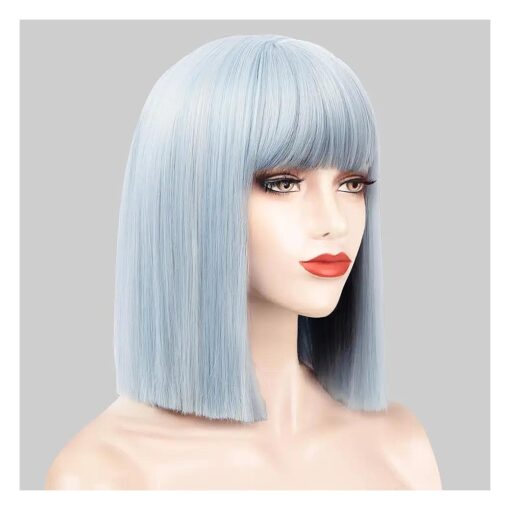 ENTRANCED STYLES Light Blue Wigs with Bangs Short Straight Bob Wig Sky Blue Shoulder Length Hair Wig for Women Blue Corlor Cosplay Angel Blue Wigs Heat Resistant Synthetic wig for Daily Party Use