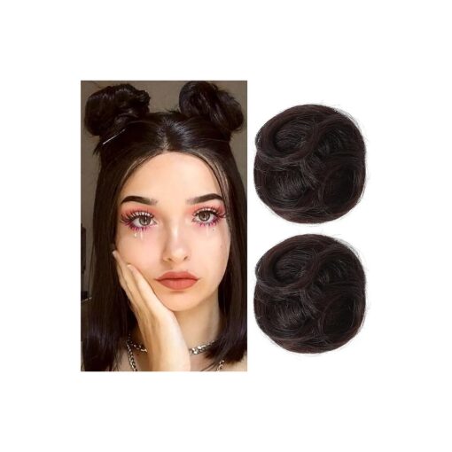 REECHO Space Bun Hair Pieces, 2 PCS Mini Claw Clip in Messy & Cat Ears Fake Hair Bun Extensions HB001 Wig Accessory Updo Hairpieces for Women Girls ( Pack of 2-3.5" Wavy, Black Brown )