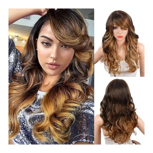 Ombre Blonde Synthetic Wigs for Black Women Long Natural Wavy Full Synthetic Hair Wigs For Women Side Parting With Bangs Heat Friendly Replacement Wigs 24 Inches Honey