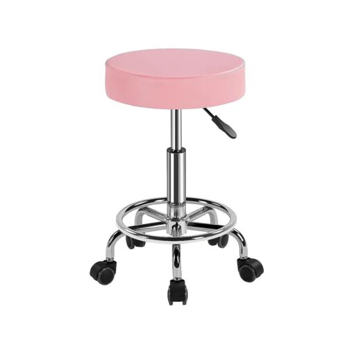 Yaheetech Rolling Stool Swivel Salon Stool Chair Adjustable Drafting Stool Massage Spa Stool with PU Leather Cushioned Seat Chrome Metal Base, Pink