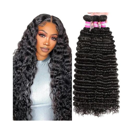 Deep Wave Human Hair Bundles 18 20 22 Inch 12A Brazilian Deep Wave Bundles Human Hair 100 % Unprocessed Virgin Deep Curly Human Hair Weave 3 Bundles Natural Color Water Wave Bundles