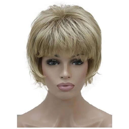 Wiginway Women 's Wig Blonde Mixed Dark Root BFluffy Short Straight Layered Hair Synthetic Full Wigs