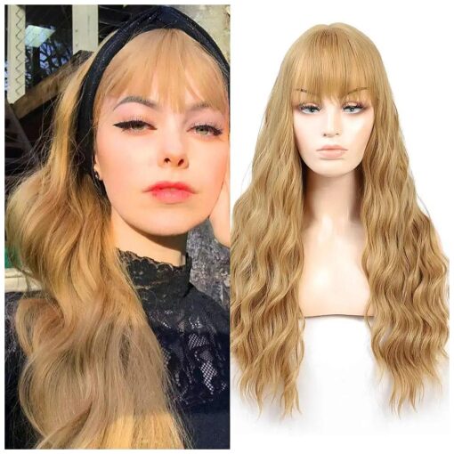 HUA MIAN LI Long Wavy Wig With Air Bangs Silky Full Heat Resistant Synthetic Wig for Women - Natural Looking Machine Made 26 inch Replacement Wig for Party Cosplay Body Wavy ( Yellow )