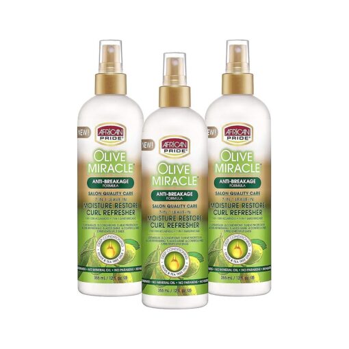 African Pride Olive Miracle 7-IN-1 Leave-In Moisture Restore Hair Curl Refresher ( 3 Pack ), Provides Moisture & Helps Repair Natural Coils & Curls, Enriched with Olive & Tea Tree Oil, 12 oz