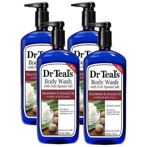 Epsom Salt Bath and Shower Body Wash with Pump - Shea Butter and Almond Oil - Pack of 4, 24 Oz Each - Soften and Moisturize Your Skin, Relieve Stress and Sore Muscles