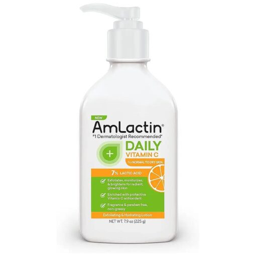 AmLactin Daily Vitamin C Lotion - 7.9 oz Body Lotion with 7 % Lactic Acid - Skin-Brightening Exfoliator and Moisturizer for Dry Skin