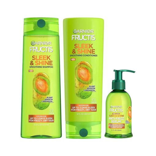 Garnier Fructis Sleek & Shine Shampoo, Conditioner + Anti-Frizz Serum Set for Frizzy, Dry Hair, Argan Oil ( 3 Items ), 1 Kit ( Packaging May Vary )