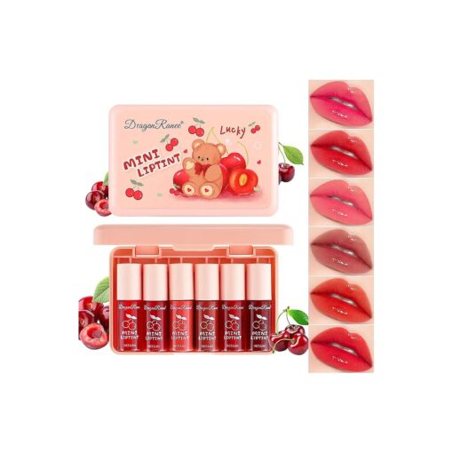 6 Colors Lip Tint Stain, Korean Mini Liquid Lipstick, Multi-Use Lip and Cheek Tint, Moisturizing Lip Gloss Waterproof Long lasting Non-Stick Cup, Vivid Color for Women, Cherry Bear