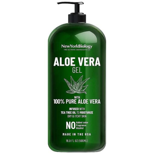 New York Biology Aloe Vera Gel for Face, Skin and Hair - Infused with Tea Tree Oil - From Fresh Aloe Vera Plant - Moisturizing Aloe Vera for Sunburn Relief and Dry Skin - 16.9 Fl Oz