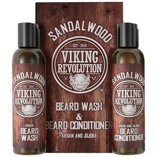 Viking Revolution Beard Wash & Beard Conditioner Set w/Argan & Jojoba Oils - Softens & Strengthens - Natural Sandalwood Scent - Beard Shampoo w/Beard Oil ( 5oz )