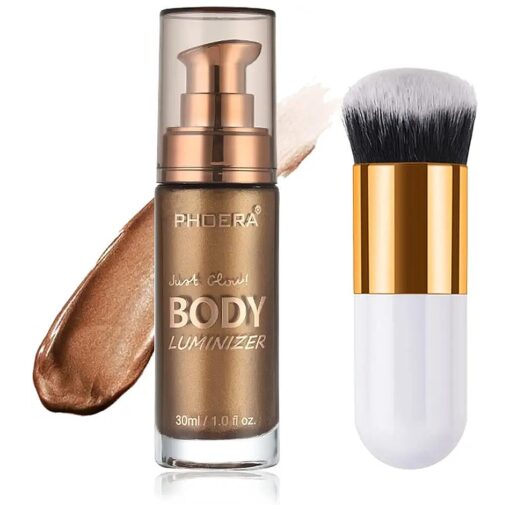 Body Shimmer Oil, Waterproof Long Lasting Moisturizing Body Luminizer Glow For Face, Liquid Illuminator Highlighter 1oz/Jars, Makeup Brush Include ( Glistening Bronze # 03 )