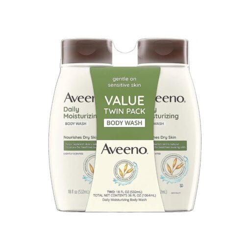 Aveeno Daily Moisturizing Body Wash for Dry & Sensitive Skin with Prebiotic Oat, Hydrating Body Wash Nourishes Dry Skin & Gently Cleanses, Light Fragrance, Sulfate-Free, 18 fl, oz, Pack of 2