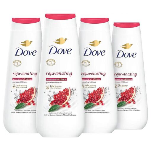 Dove Body Wash Rejuvenating Pomegranate & Hibiscus 4 Count for Renewed, Healthy-Looking Skin Gentle Skin Cleanser with 24hr Renewing MicroMoisture 20 oz