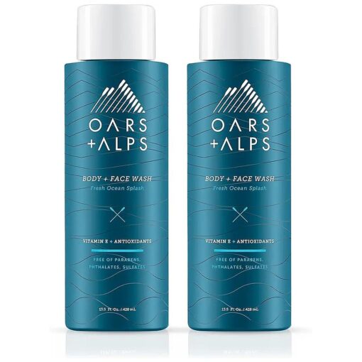 Oars + Alps Men 's Moisturizing Body and Face Wash, Skin Care Infused with Vitamin E and Antioxidants, Sulfate Free, Fresh Ocean Splash, 2 Pack