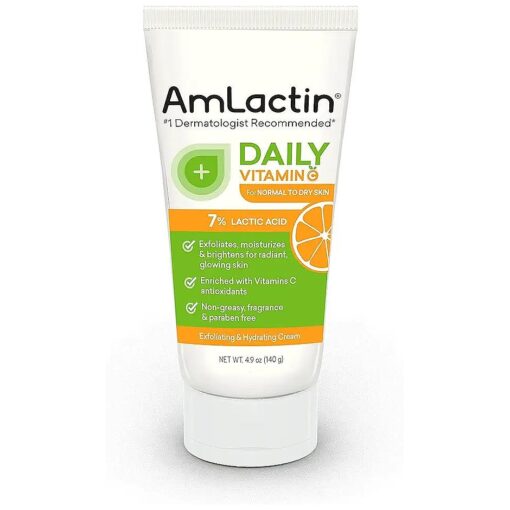 AmLactin Daily Vitamin C Cream - 4.9 oz Body Cream with 7 % Lactic Acid - Skin-Brightening Exfoliator and Moisturizer for Dry Skin