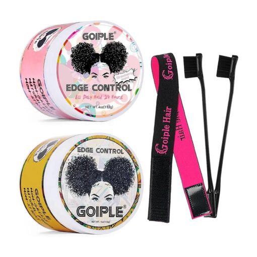 Goiple Edge Control Wax for Women Strong Hold Non-greasy Edge Smoother Pink 1Pack and Yellow 1Pack 4oz with Brush 2Pcs and Scarf