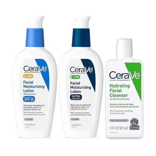 CeraVe AM Face Moisturizer with SPF, PM Face Moisturizer & Hydrating Face Wash Skin Care Routine for Morning & Night | Travel Size Toiletries | 3oz Lotion + 3oz Lotion + 3oz Cleanser