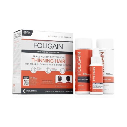 Foligain Triple Action Hair Care System For Men, Revitalizing Hair Products, 3-Piece Travel Set,13260