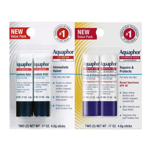 Aquaphor Lip Repair, Moisturizing Lip Balm Multipack ( 2 Repair sticks + 2 Repair & Protect SPF 30 sticks )