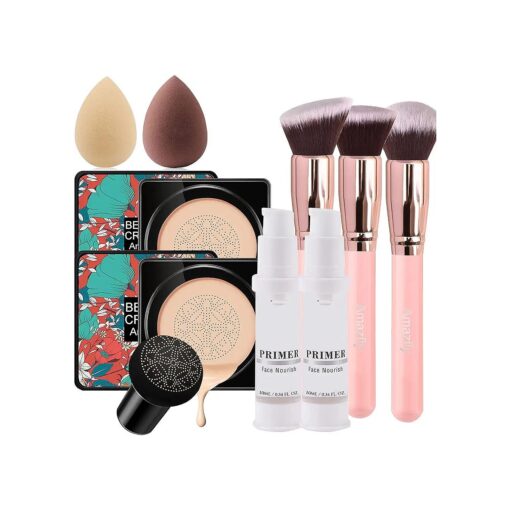 Air Cushion CC Cream Mushroom Head Foundation, 2 PCS Amazfly Moisturizing BB Cream Makeup Long Lasting Matte Concealer Bright Makeup Base Long Lasting with Mushroom Makeup Sponge and Powder Brush ( Natural )