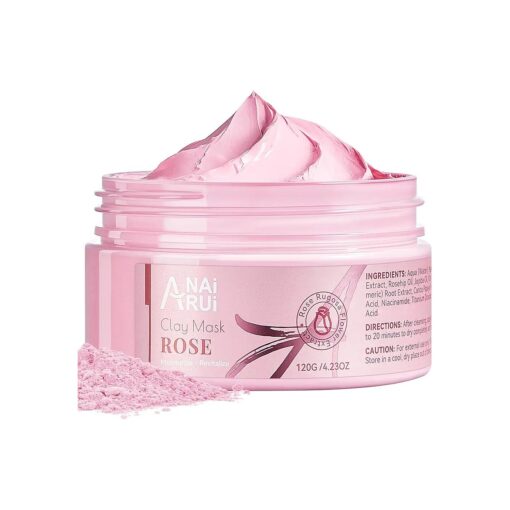 ANAI RUI Rose Facial Mask, Clay Mask with Kaolin Pink Clay, Niacinamide, Collagen, Hyaluronic Acid for Moisturizing & Smooth Skin, Pores Minimizers, Blackhead Remover, 4.23 Oz