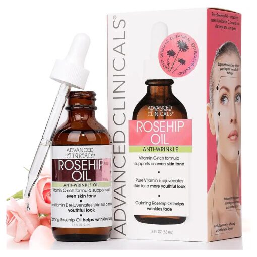 Advanced Clinicals Rosehip Oil Facial Skin Care Serum Moisturizer Face Oil W/Vitamin C & Vitamin E For Reducing Appearance Of Sun Damage Skin, Age Spots, & Wrinkles, 1.8 Fl Oz