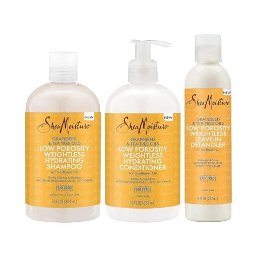 SheaMoisture Shampoo and Conditioner Set ( 13 Oz Ea ) + Detangler ( 8 Oz ), Low Porosity Hair Products, Baobab and Tea Tree Oil 3pc Bundle, Soften and Balance, Curly Hair Products