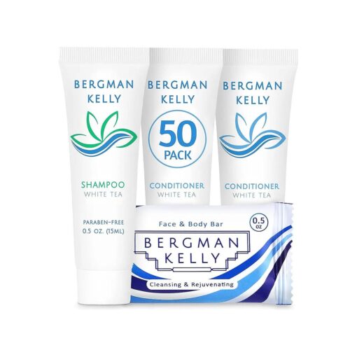 BERGMAN KELLY Rectangular Hotel Soap Bars, Shampoo & Conditioner 3-Piece Set ( 0.5 oz each, 150 pc, White Tea ), Delight Guests w/Revitalizing & Refreshing Mini Travel Toiletries & Bulk Amenities