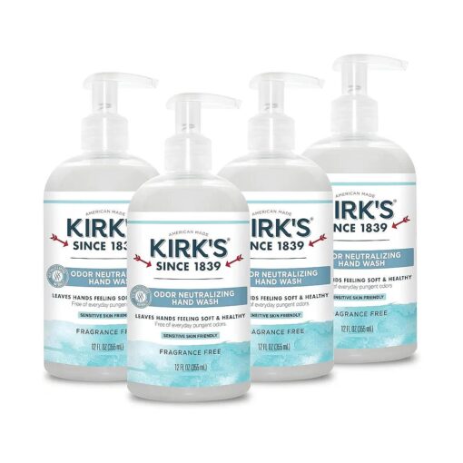 Kirk 's Odor-Neutralizing Unscented Clean Hand Soap Castile Liquid Soap Pump Bottle | Moisturizing & Hydrating Kitchen Hand Wash | 12 Fl Oz, Bottle | 4-Pack