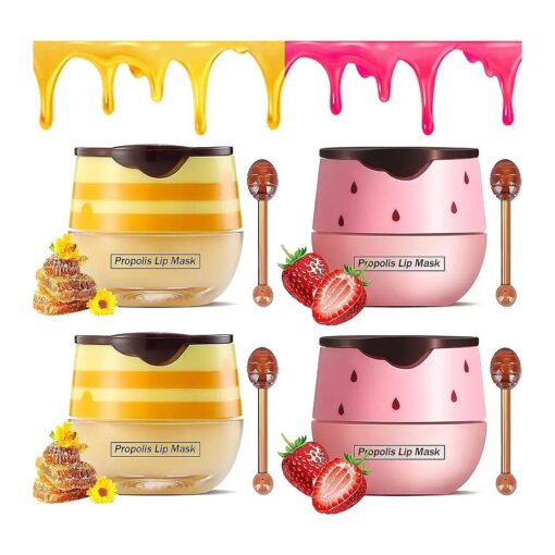 4PCS Honey Lip Balm Honey Pot & Strawberry Sleeping Lip Mask, Propolis Moisturizing Honey Lip Mask Lip Balm, Hydrating & Prevention Dry and Cracked Lip Scrubs Exfoliator, Winter Lip Care Products