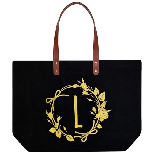 ELEGANTPARK Black Canvas Tote Bag Birthday Gifts Bag for Her Monogrammed Gifts for Women Personalized Present Bag for Bridesmaid Mom Friend Sister Teacher Gift Bag with Pocket Gold Letter L