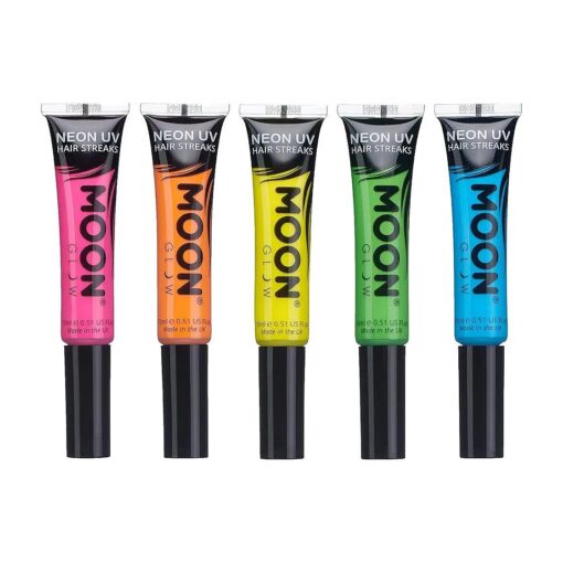 Moon Glow Neon UV Hair Color Streaks | Set of 5 | Hair Mascara - Temporary Wash out Hair Dye | Bright Neon Color, Glows under Blacklights/UV Lighting