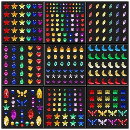 9 Sheets Eye Body Face Gems Jewels Rhinestone Stickers Self Adhesive Crystal Rainbow Makeup Diamonds Face Stick Gems for Women Festival Accessory and Nail Art Decorations ( Moon and Butterfly )