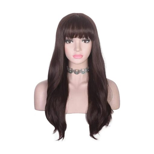 morvally Long Wavy Wig with Bangs for Women Brunette Heat Resistant Synthetic Hair Natural Looking for Daily Use ( Ash Brown )