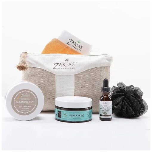 Moroccan Hammam Spa Rejuvinating Ritual Beauty Skincare Kit - 6 piece, Moroccan Euclayptus Black Soap, Ghasoul Clay, Argan Oil, Pure & Natural, Purifying, Cleansing, exfoliating for every skin type .