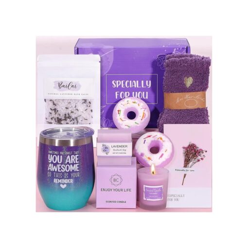 Birthday Gifts for Women, Purple Relaxation Spa Gift Basket Set for Women Unique Gift Ideas, Mothers Day Gifts for Mom Her Sister Best Friend Wife Grandma Girlfriend, Lavender Pampering Gift