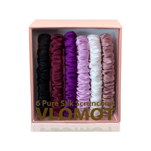 6 Pcs Set 100 % Pure Mulberry Silk Hair Scrunchies Silk Hair Ties with 6 Chic Colors Everyday Skinny Scrunchies Silk Ponytail Holders Hair Care No Damage ( Purple )