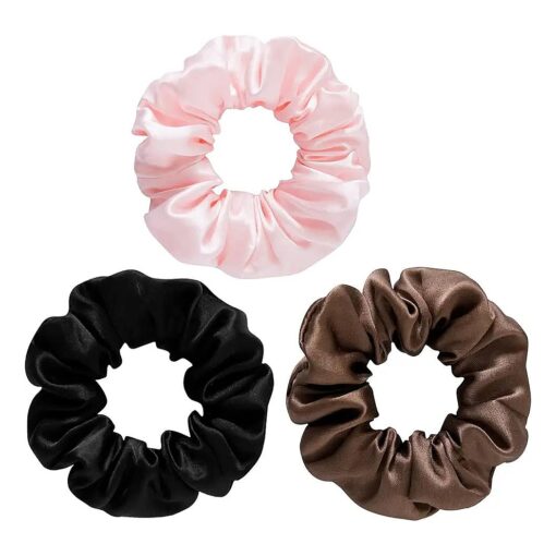 Silk Scrunchies for Women 100 % Mulberry Silk Hair Ties 3pack Silk Hair Scrunchies for Hair Sleep No Damage Elastic Hair Accessories Ponytail Holders ( Brown, Black, Pink )