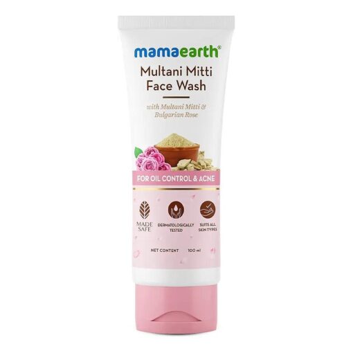 MAMAEARTH Multani Mitti Face Wash with Bulgarian Rose | Gentle Cleanser for Acne & Oil Control | Hydrating & Moisturizing Facial Care | 3.38 Fl Oz ( 100ml )