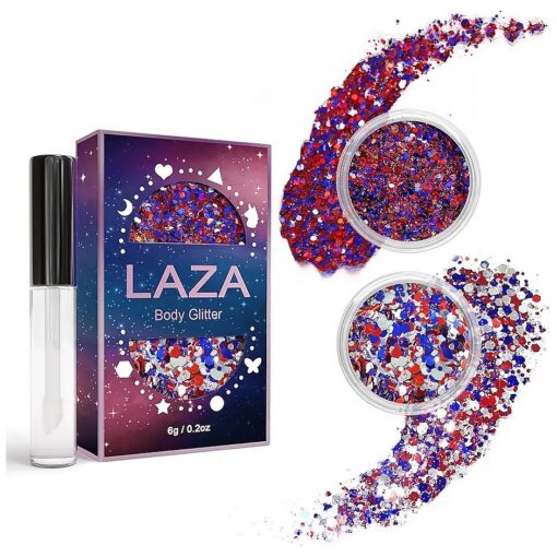 Laza Independence Day Body Glitter, 2 Jars Red Blue White Chunky Sequins with Glue Women Eyeshadow 4th of July Face Paint Festival Rave Outfit Hair Accessories Party Costumes - Circus Carnival