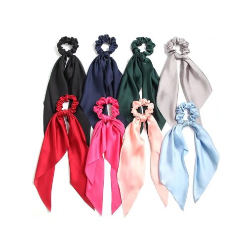 SUSULU Hair Scarf Scrunchies for Women - Satin Hair Ties Plain Hair Bobbles Solid Color Fabric Scrunchy Elastic Hair Ties with Bow Ponytail Holders Hair Accessories Pack of 8pcs