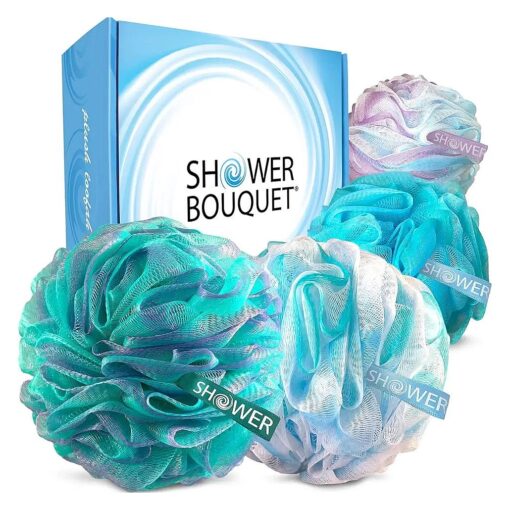 SHOWER BOUQUET ( r ) Loofah Bath-Sponge Swirl-Set-XL-75g Extra-Large Mesh Pouf ( 4 Pack Color Swirls ) Luffa Loofa Loufa Puff Scrubber - Big Full Lather Cleanse, Exfoliate with Beauty Bathing Accessories