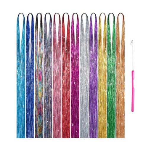 Hair Tinsel Kit with Tool 12 Colors 3000 Strands Hair Tinsel Kit Shiny Fairy Hair Tinsel Extensions Colord Party Highlights Glitter Hair Extensions Multi-Colors Hair Tinsel Kit ( 12 Colors, 45" )