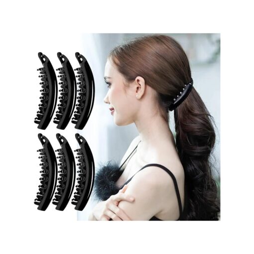 RC ROCHE ORNAMENT 6 Pcs Womens Premium Hair Plastic Banana Classic Clincher Strong Hold Ponytail Maker Styling Girls Ladies Beauty Accessory Clasp Clip, Medium Black